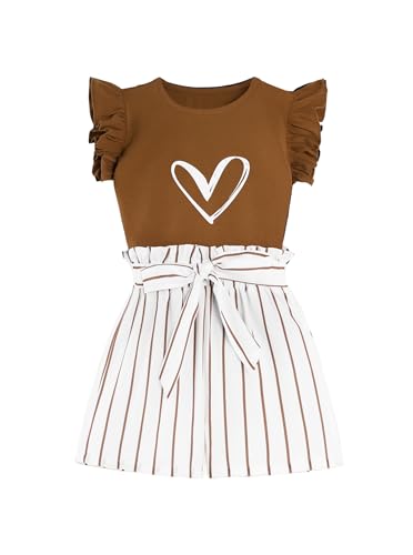 Ecolala Girls 2 Piece Outfits Summer Ruffle Sleeve Top and High Waisted Striped Shorts Set, Cute Casual Clothes for Girls 7-14 Brown 13-14Y