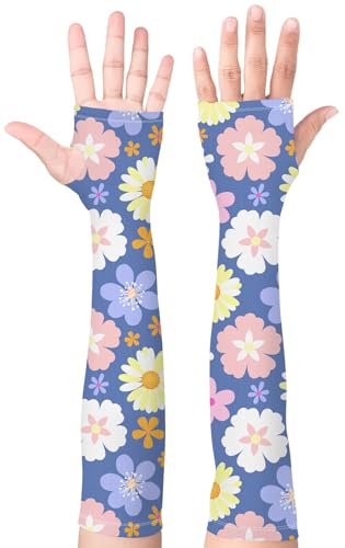 Bebila Gardening Sleeves for Women Farm UV Sun Protection Anti-Scratch Cooling Sleeves with Thumb Hole Arms Cover Outdoors (Deep Blue Flower)