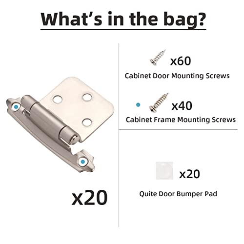 DecoBasics Cabinet Hinges Brushed Nickel for Kitchen Cabinets Doors (10 Pair -20 Pcs) -1/2" Overlay (Variable) -Self Closing Kitchen Cabinet Hinges Flush Mount w/Silicon Bumpers & Hardware Screws