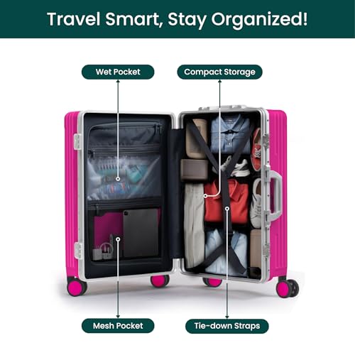 Image of Nobl Travel Large Luggage, Noble Zipperless Aluminum Frame PC Hard Shell Checked Suitcase, 30.25 inchx20 inchx12 inch, Big Check-in Bag with 360 Spinner Wheels, TSA Locks, Interior Compression - Hot Pink