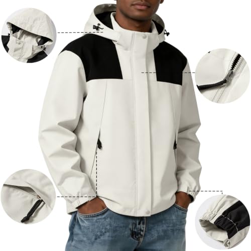 Image of Color Block Waterproof Hooded For Men Rain Shell Jacket Windproof Coat With Adjustable Drawcord Hood & Velcro Cuffs Packable Zip Up Hiking Camping And Fishing Outdoor Activities White M