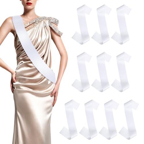 SYEYCW 10 Pcs Blank Sashes, Plain Satin Team Bride Sashes, Party DIY Accessory, for Wedding, Pageant, Homecoming, Graduation Ceremony, Hen Night Party, Birthday Decorations (White)