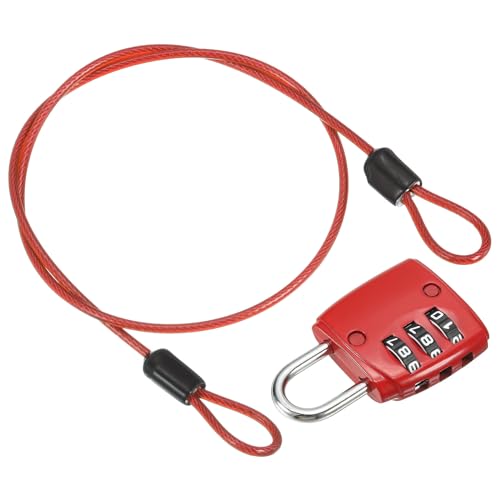 Image of PATIKIL Security Steel Cable with 3 Digit Combination Lock, 1.6Ft /0.5M Coated Safety Wire Rope Double Loop Padlock for Outdoor Travel Luggage, Red
