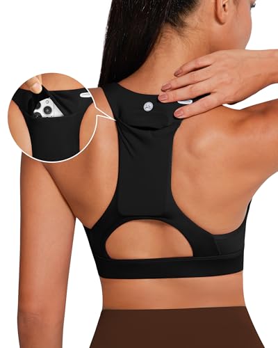 Image of QUEENIEKE BareFlow Women's Sports Bras with Phone Pocket Medium Impact Padded Racerback Workout Gym Crop Top Running Yoga Bra