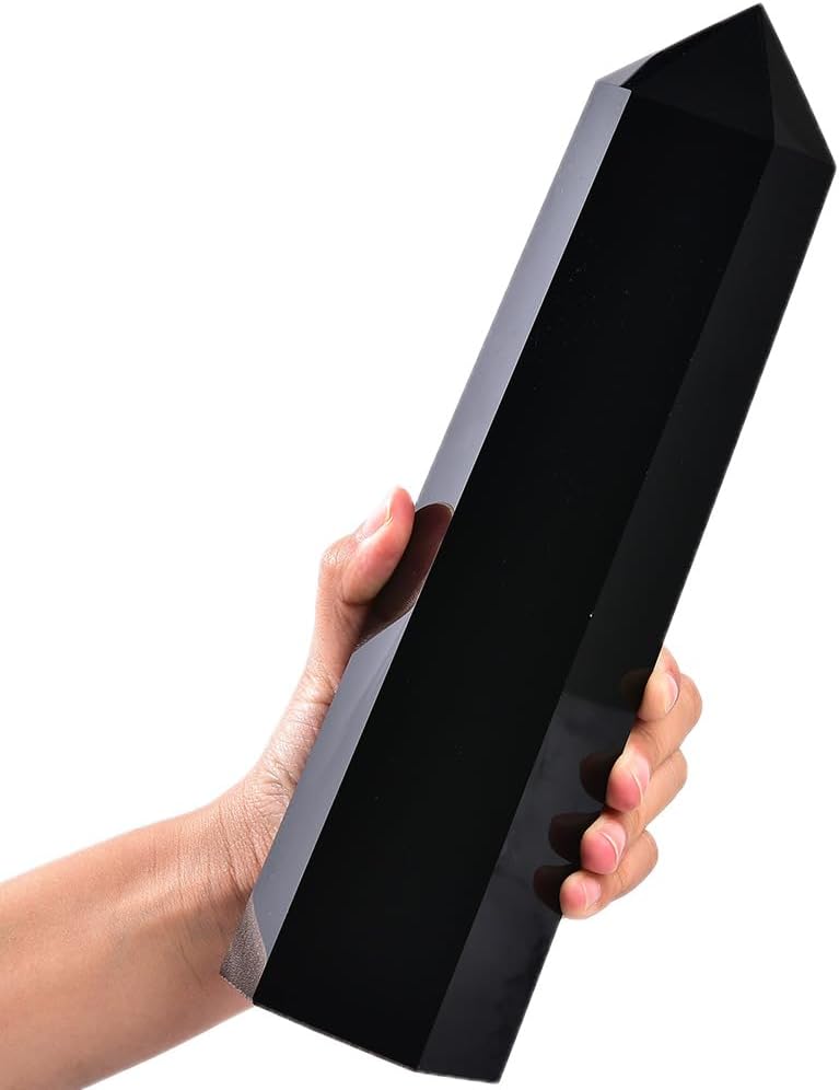 Large Black Obsidian Crystal Tower Natural Healing Crystal Point Wand Obelisk 6 Faceted Reiki Chakra Meditation Therapy Home Decor Gift 10-12 inch
