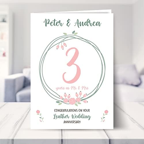 PERSONALISED Milestone Anniversary Card (3rd / third anniversary). Unique greetings card for a Husband, Wife, married couple or Mr & Mrs. On their leather Wedding Anniversary - Floral