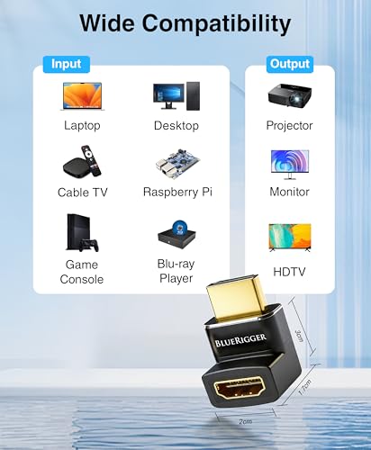 Image of BlueRigger HDMI 270 Degree Adapter (1-Pack, 8K 60Hz Right Angle HDMI 270 Degree Adapter, Male to Female, L-Shaped Up & Down Angled Elbow Connector)- Compatible with HDTV, Laptop, PS5, PS4