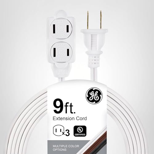 GE 3-Extension Cord with Multiple Outlets 12 Ft Power Strip 2 Prong 16 Gauge Twist-to-Close Safety Covers Indoor Outlet Extender UL Listed White 51954