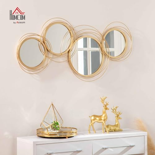 HOMCOM Metal Wall Art Gold Frame Circle Bathroom Mirror Decor Home Hanging Wall Sculptures for Living Room Bedroom Dining Room, 42.25" W x 22" H, Gold - Image 3