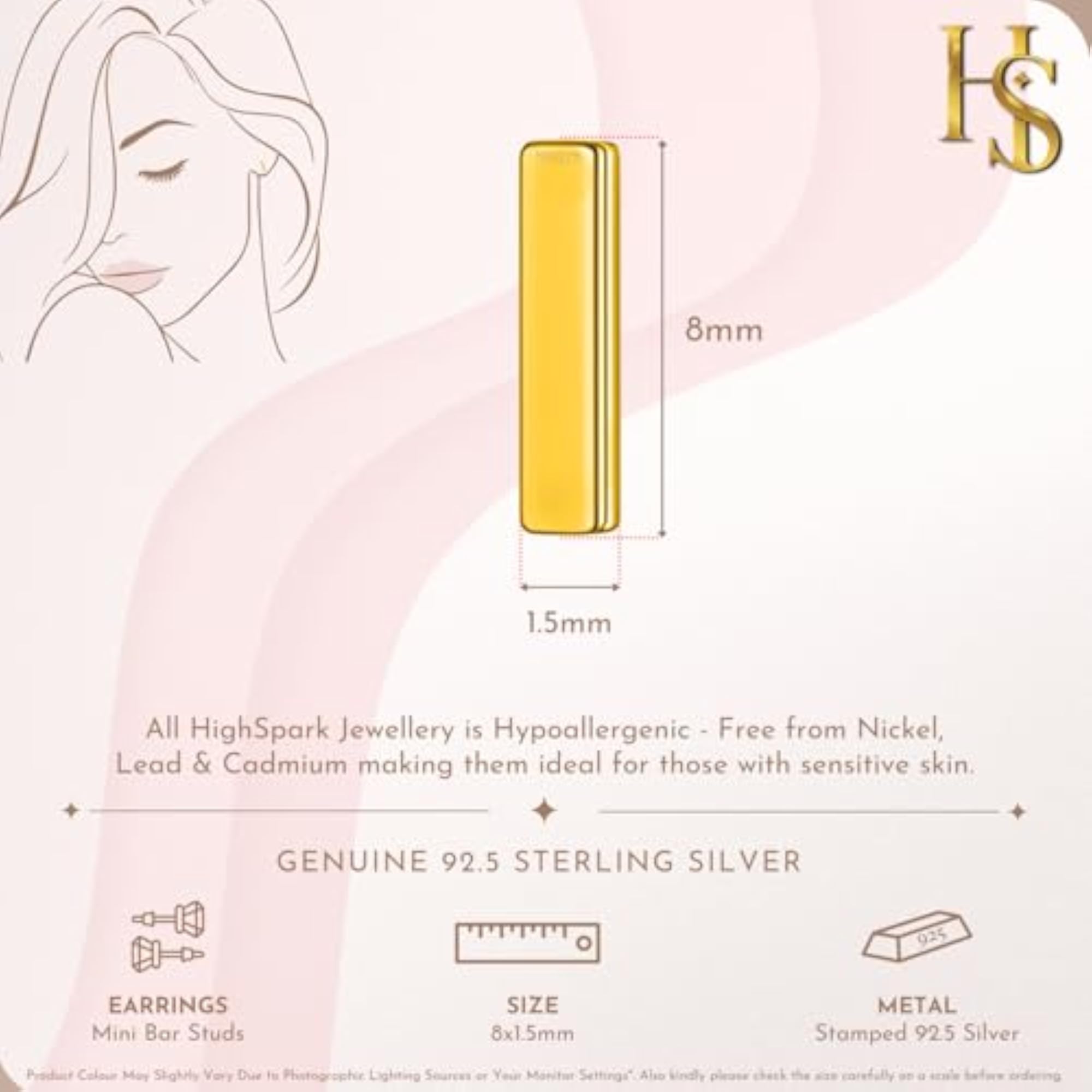 Women's 925 Silver Tiny Rectangular Bar Stud Earrings, Stunning Shine