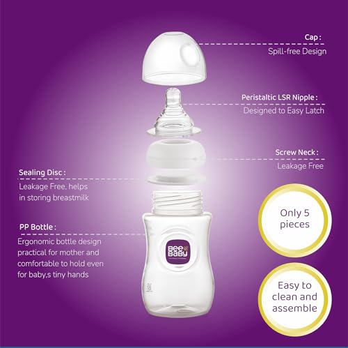 Image of BeeBaby Ease Wide Neck Feeding Bottle 300 ml | BPA Free Easy Latching Baby Milk Bottle for Newborns & Infants | Soft Silicone Anti-Colic Nipple Fast Flow (8 Months +) |White, Pack of 2