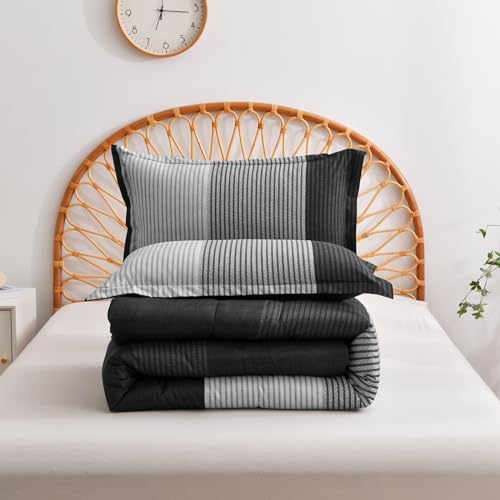 WONGS BEDDING Black Comforter Set King, Reversible Black Striped Down Alternative Comforter for King Bed,3 Pieces (1 Comforter+2 Pillowcases), Soft Microfiber Bedding Duvet Set 104”×90\" - Thumbnail 7