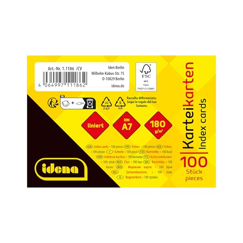 Idena 90279 - Karteikarten DIN A7, 500 Stück liniert, Lernkarten aus 180 g/m² FSC-Mix Papier in Weiß, für Schule und Büro