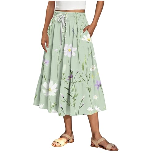 Image of Women Skirt Tiered Sundress Drawstring Pocket Summer Clothes Womens Dresses A-Line Trendy Elastic Waist Knee Length Layered Pleated Casual Comfy Printed Skorts