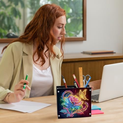 Image of DIY 5D Diamond Painting Pen Holder, Romantic Rose & Butterfly Crystal Rhinestones Pencil Organizer for Women & Gifts, Perfect for Storing Pens, Pencils, and Rulers