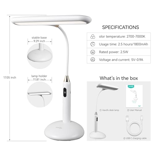 VAVOFO LED Desk Lamp 6778B - Touch Control, Adjustable 2700-7000K Color Temperature, 700 Lumens, 360° Flexible Gooseneck, USB-C Charging, 2.5hrs Cordless, Eye-Caring Light (White) - Thumbnail 5