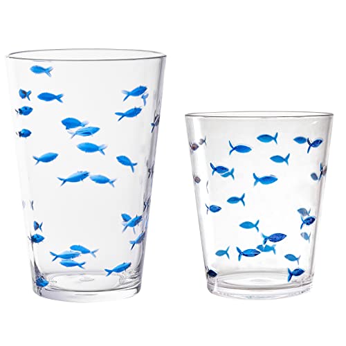 Klifa- Charleston- 16.5 & 19 Oz, Set Of 8, Acrylic Fishing Glass Set, School Of Fish Drinking Glasses, Bpa-Free, Stackable Plastic Drinkware, Dishwasher Safe Cups, Clear With Dark Blue Printing #TOP22