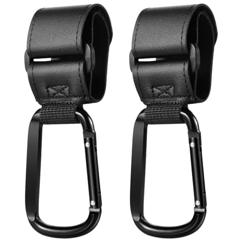 SNOWIE Soft® 2Pcs Hanging Hook for Pram Stroller Hanging Clip Adjustable PU Leather Pram Clip with Quick Release Carabiner Design Universal Attaching Buckle for Stroller, Bike, Pram, Pushchair