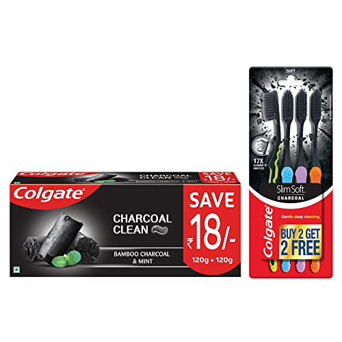 Image of Colgate Charcoal Oral Care Combo Black Gel Toothpaste, 240g Saver Pack, with Slim Soft Charcoal Toothbrush for Cavity Protection, Whitening, Plaque Removal, Deep Clean - 4 pcs
