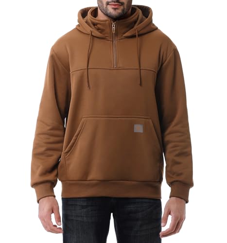 TUAOVA Men's Fashion Hoodies Sweatshirts Loose Fit Heavyweight Quarter-Zip Sweatshirt Fleece-Lined Pullover(Khaki,M)