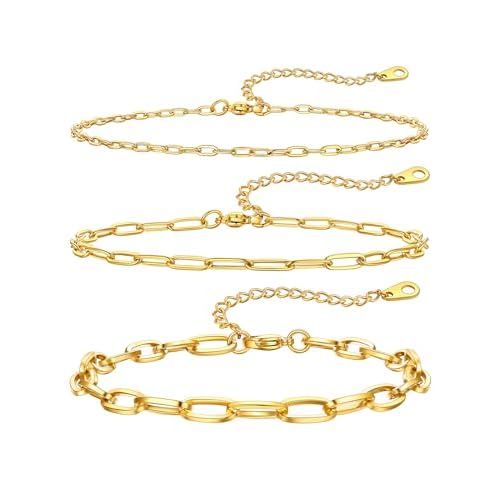 ChainsHouse Ankle Bracelets for Women, Stainless Steel Chain Anklets Waterproof, Women Summer Beach Jewelry Gift, Come with Box 03. 3Pcs-(2+3+6mm)-Pap