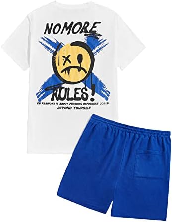 OYOANGLE Men's Casual Graphic Print T Shirt and Drawstring Waist Shorts Set Tracksuit 2 Piece Outfits Blue and White Graphic M