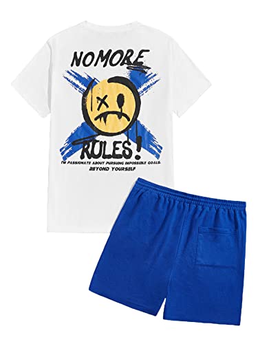 Oyoangle Men's Casual Graphic Print T Shirt And Drawstring Waist Shorts Set Tracksuit 2 Piece Outfits Blue And White Graphic M #TOP23