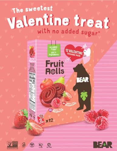 Image of Bear Valentines Day Strawberry & Raspberry Fruit Rolls Variety Pack, 12 Pack (2 Rolls Per Pack) - Gluten Free, Vegan, and Non-GMO - Healthy School And Lunch Snacks For Kids And Adults