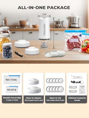 ADENVERA Compact Vacuum Sealer for Food — Electric Mason Jar Vacuum Sealer Kit & Handheld Sealer with 10 Reusable Bags & 10 Mason Jar Lids, Portable Rechargeable, Smart Auto-Stop, White — view 6