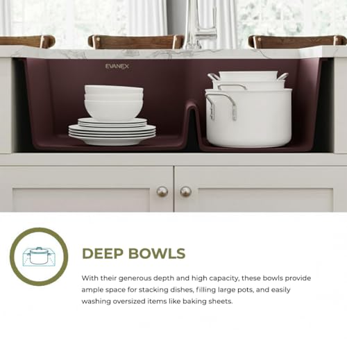 Image of EVANEX Quartz Kitchen Sink|Double Bowl Sink for Kitchen|Topmount /Undermount Kitchen Sinks|Brown Double Sink with Connector, Waste Pipe, Coupling and Drain Basket|34x20x9 Granite Kitchen Sinks