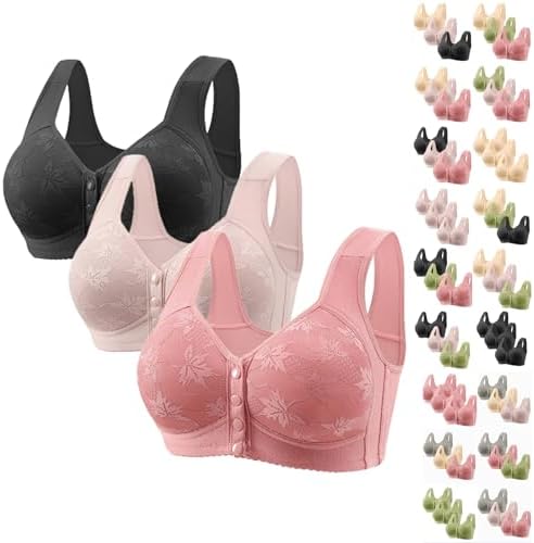 3 Pack Bras for Women Front Closure Full Coverage No Underwire Bra Plus Size Push Up Bra Everyday Wear Bras Bralette