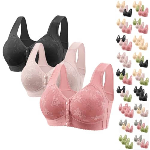 3 Pack Daisy Bras for Women No Underwire Front Closure Push Up Bralettes Plus Size Full Coverage Everyday Wear Bras