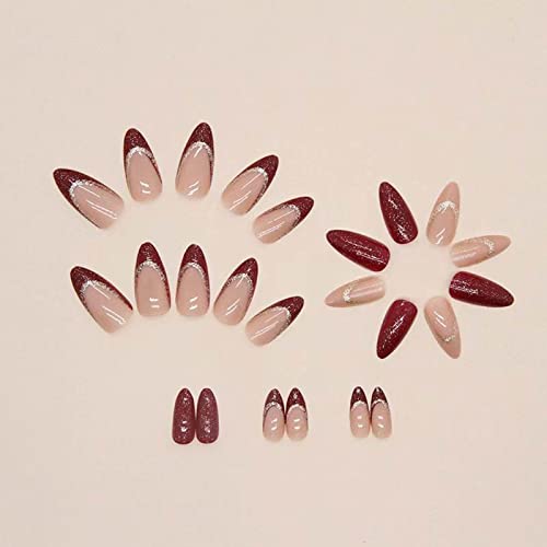 Press On Nails Short Medium French Wine Red Shiny False Nails Short Almond Acrylic Nails Women Girls 24 Pcs #TOP3