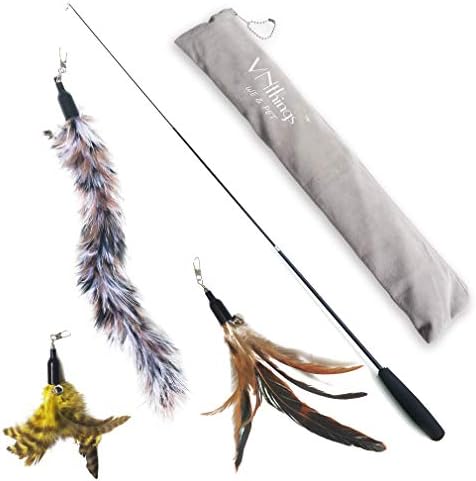 VNthings Cat Toys Interactive Feather Wand Retractable with Pack 3 Assorted Natural Feathers Refills Teaser and Exerciser Attachments with Bell Attached
