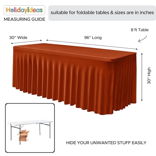 Image of HolidayIdeas 2 Pack Spandex Table Skirts for 8ft Rectangle Tables, Stretch Ruffle Cover for Boho Wedding, Rustic Garden Party, Outdoor Glamping Decor, Rust
