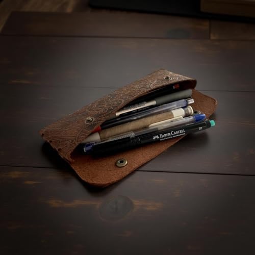 El Yapımı Kalemlik Hakiki Deri, Deri Küçük Kalem Kutusu – İş, Ofis, Okul Aksesuar Tutucu, Klasik ve Minimal El Yapımı Tasarım Vintage Kalemlik (Desenli Taba) - Görsel 3