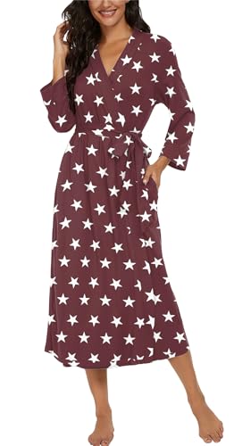 Image of VINTATRE Robes for Women Long Knit Bathrobe XS-4XL | 3 /4 Sleeve Bathrobes with Pockets, Stretchy and Lightweight Fabric, Inner Tie and Fixed Outer Matching Belt, Mid Calf Length