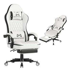 Gaming Chair with Footrest, Ergonomic Computer Chair, PU Breathable Material with Headrest and Lumbar Support, Suitable for Silla Gamer and Adults (White)
