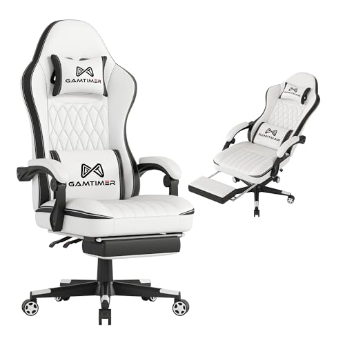 Gaming Chair with Footrest, Ergonomic Computer Chair, PU Breathable Material with Headrest and Lumbar Support, Suitable for Silla Gamer and Adults (White)