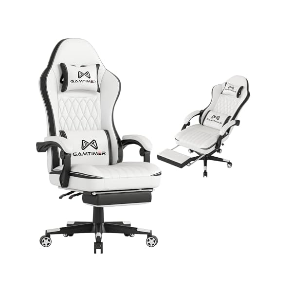 Gaming Chair with Footrest, Ergonomic Computer Chair, PU Breathable Material with Headrest and Lumbar Support, Suitable for Silla Gamer and Adults (White)