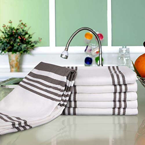 Urban Villa Set Of 6 Kitchen Towels Highly Absorbent 100% Cotton Dish Towel 20X30 Inch With Mitered Corners Trendy Stripes Dove Grey /White Bar & Tea Towels #TOP7