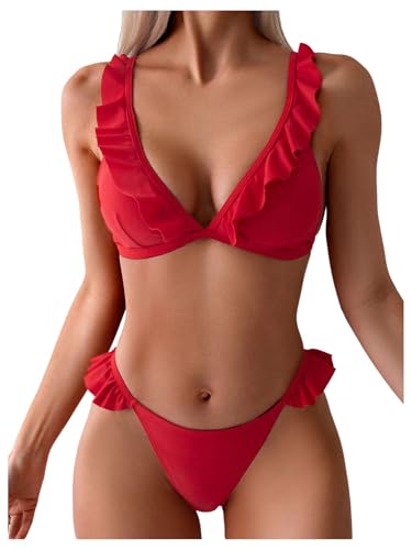 SweatyRocks Women's 2 Piece Swimsuits Ruffle Trim Spaghetti Straps Triangle Bikini Set