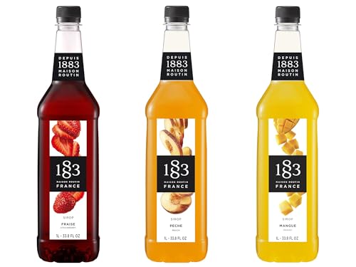 1883 Strawberry, Peach, Mango Syrups (Fruit Lovers) for Drinks – 1 Liter Plastic Bottles (Pack of 3)