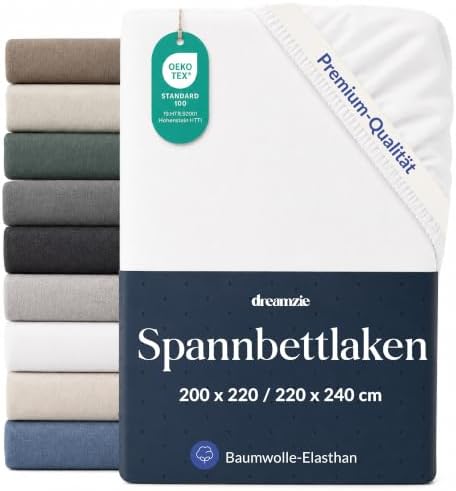 Dreamzie Spannbettlaken 200x220-220x240cm Weiß, Baumwolle | Jersey 97% Baumwolle, 3% Elasthan · Oeko-Tex zertifiziert · 360°-Gummizug bis 35 cm · Ohne Bügeln