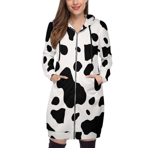 SMBHIAON Felpa Lunga con Zip Donna – Stampa Animalier Cappuccio Regolabile Tasche, Stampa Motivo A Macchie di Mucca Fantasia,Hoodie Oversize S-5Xl,Autunno Inverno,Nero
