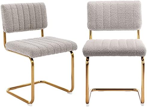 ONEVOG Mid Century Modern Dining Chairs, Boucle Dining Chair with Gold Metal Base, Upholstered Dining Chair, Armless Accent Chair Set of 2 for Kitchen, Dining Room, Living Room, Khaki