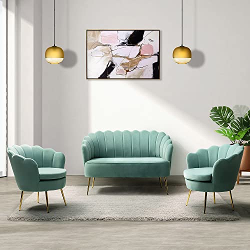 Image of HULALA HOME 3 Piece Velvet Living Room Furniture Set, Including Loveseat & 2 Sofa Chairs, Modern Comfy Upholstered 2-Seater Sofa & Accent Chair Set for Bedroom, Flower Shaped Back & Gold Legs, Sage