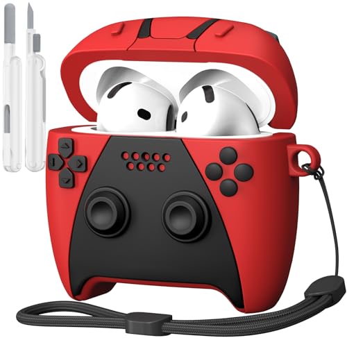 KOREDA for AirPods 4 Case Cover with Cleaner Kit, Cute Funny 3D Game Controller Design Silicone Protective Case with Lanyard for AirPods 4th Generation 2024 (Red)
