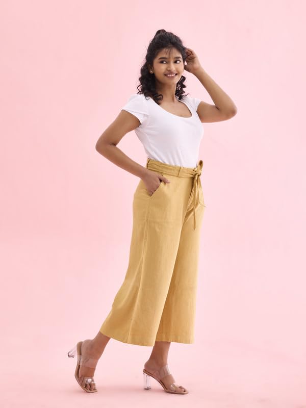 Image of GO COLORS Solid Linen Culottes for Women | High Rise, Side Pockets, Front tie-up