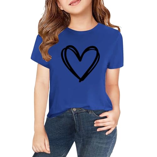 Girls Hearts Print Short Sleeve T-Shirt Crewneck Casual Loose Tees Cute Kids Summer Fashion Soft Comfort Tops Clothes